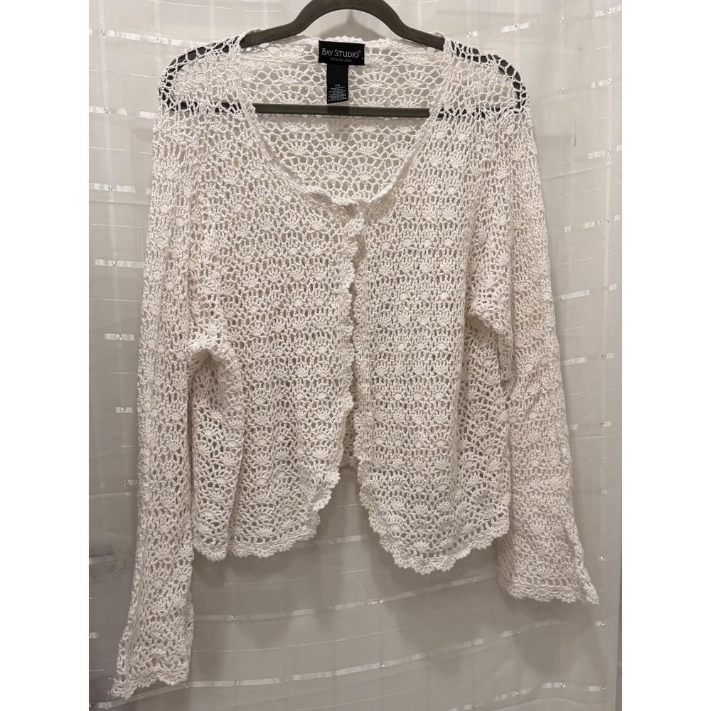 Bay Studio White Crochet Knit Cardigan Sweater Womens 2X Ramie Cotton Open Front